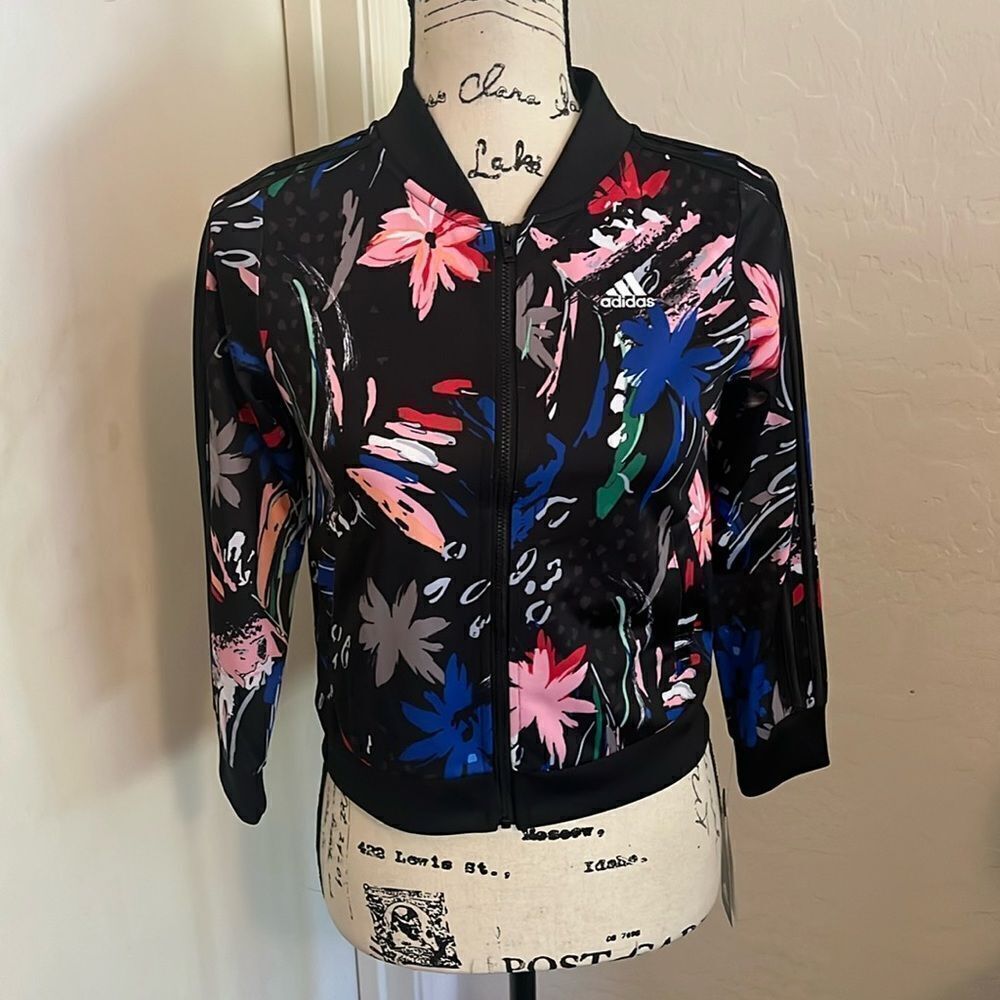 Adidas Big Girls Black Multi Print Colorful Zipper Closure Jacket